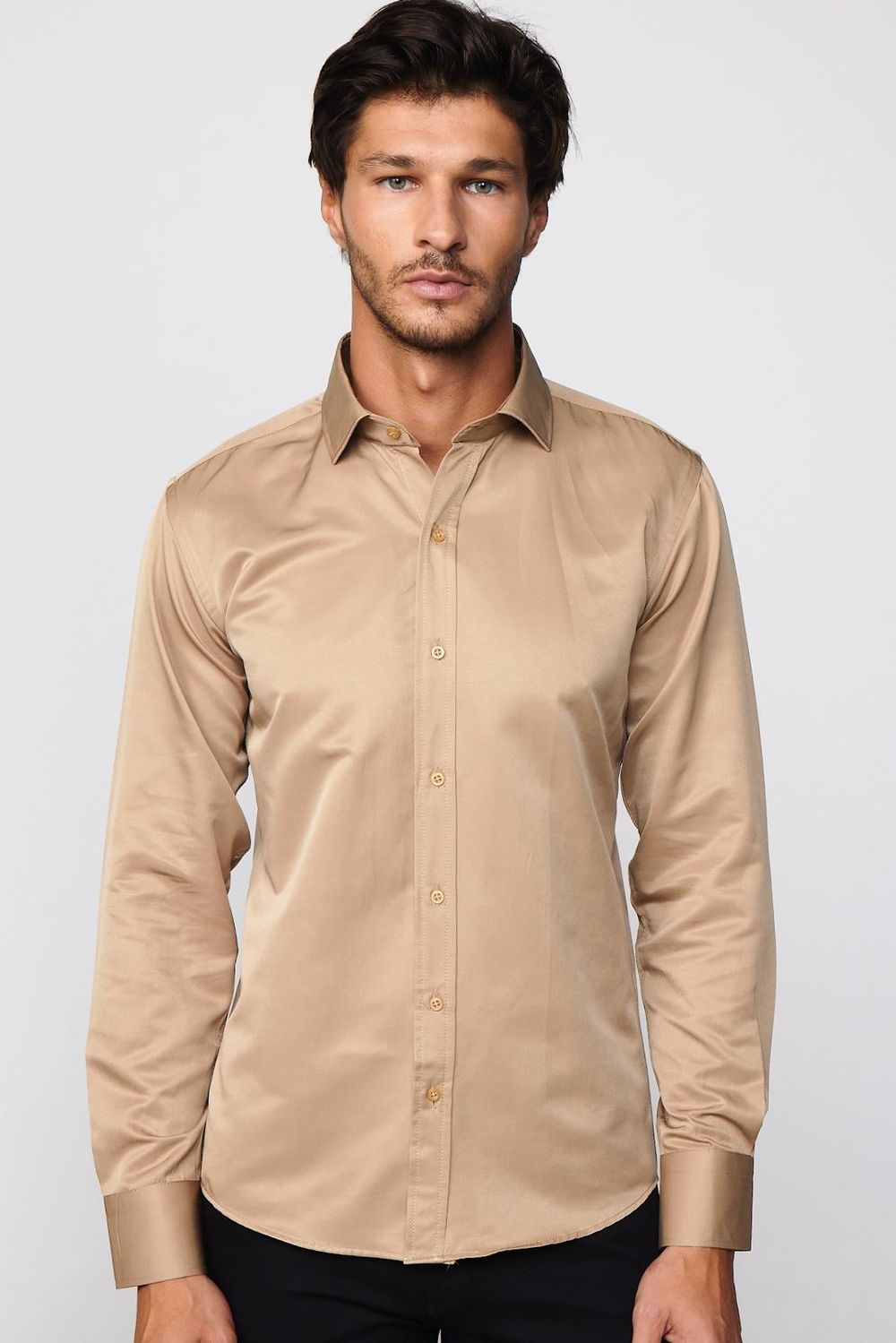 Modern Slim Fit Düz Saten Pamuklu Erkek Krem Gömlek