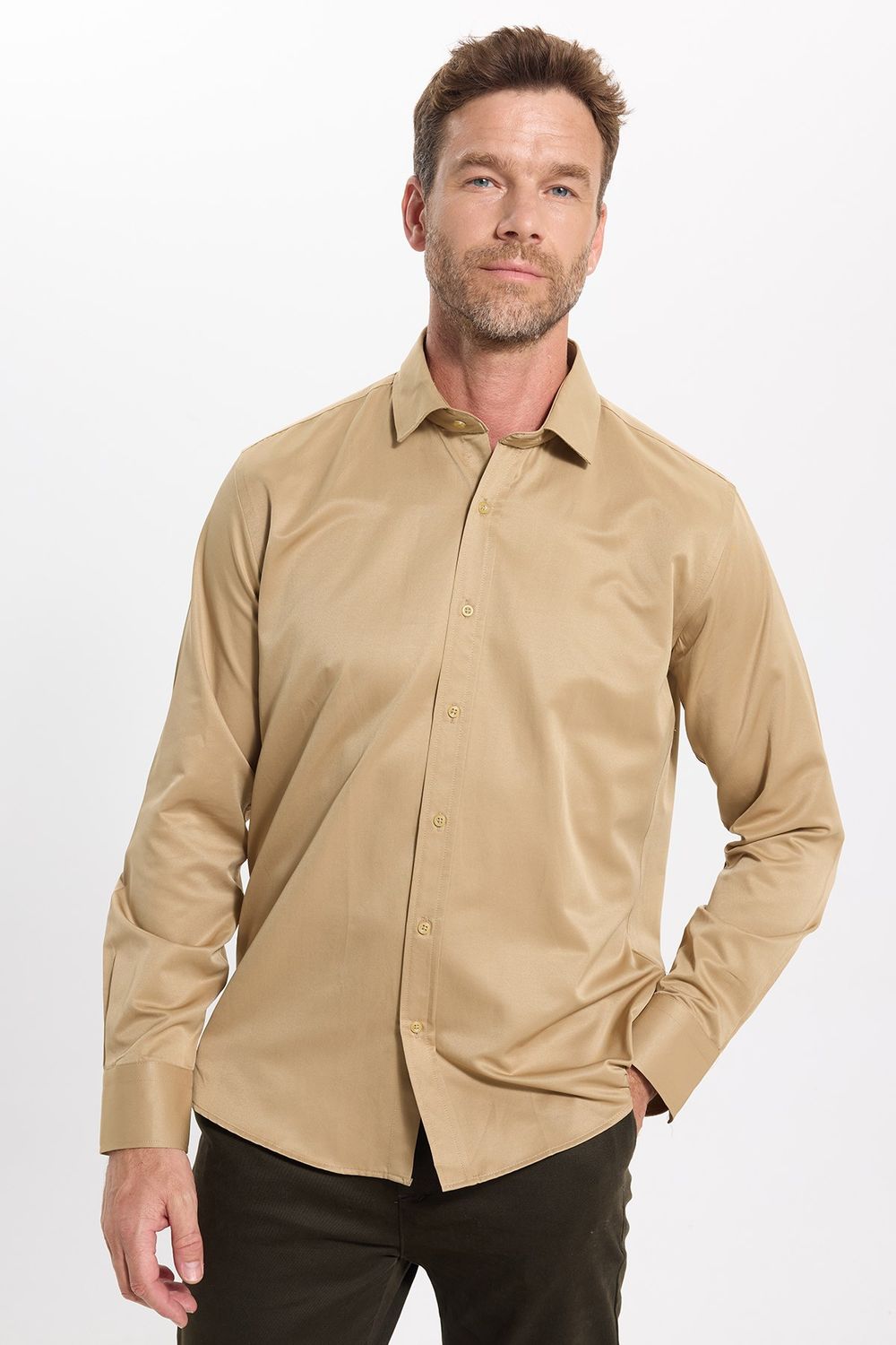Erkek Modern Slim Fit Düz Saten Pamuklu Krem Gri Gömlek