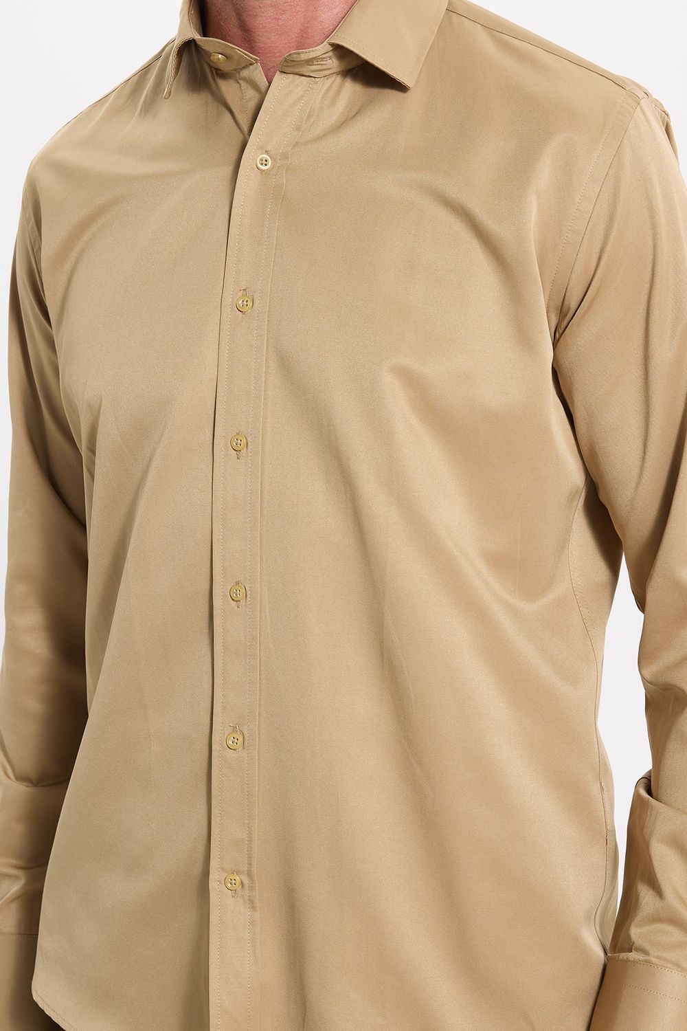 Erkek Modern Slim Fit Düz Saten Pamuklu Krem Gri Gömlek