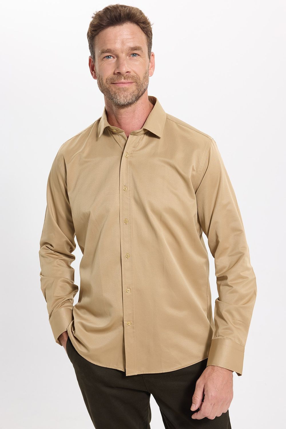 Erkek Modern Slim Fit Düz Saten Pamuklu Krem Gri Gömlek