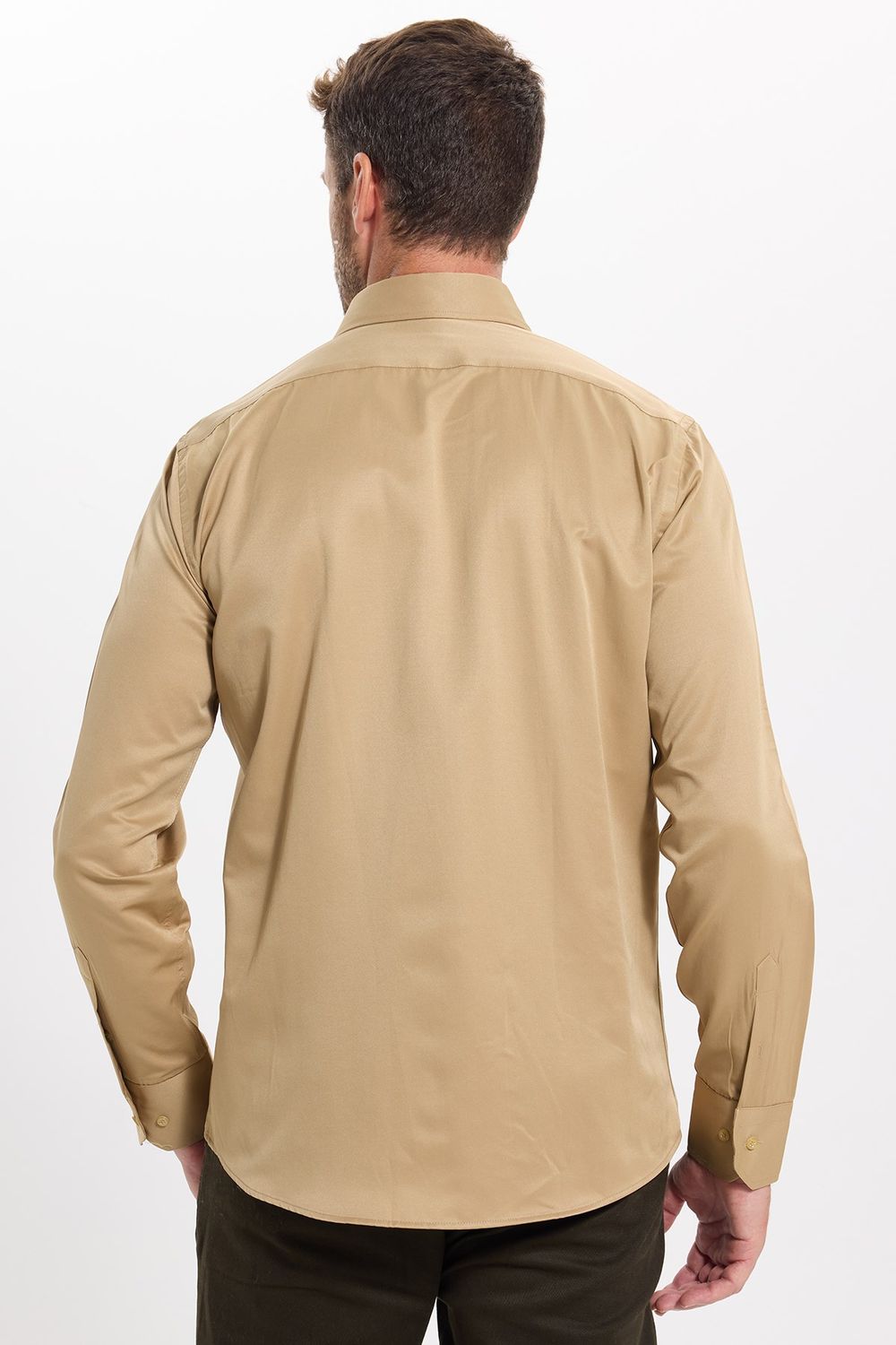 Erkek Modern Slim Fit Düz Saten Pamuklu Krem Gri Gömlek
