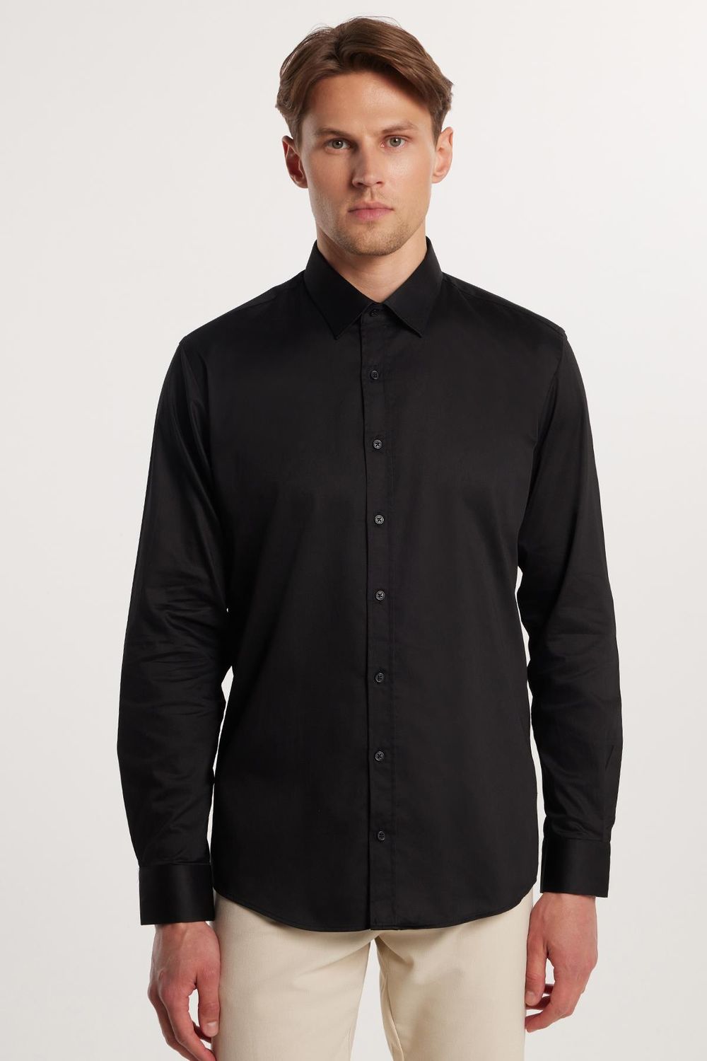 Modern Slim Fit Uzun Kollu Pamuk Saten Premium Seri Erkek Siyah Gömlek