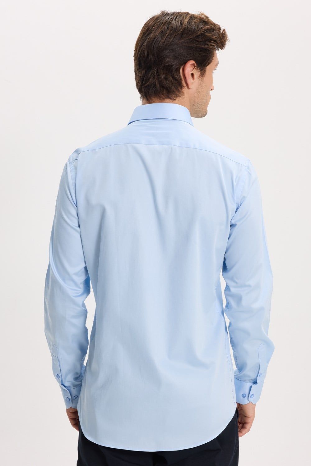 Erkek Modern Slim Fit Uzun Kollu %100 Pamuk Premium Seri Saten Mavi Gömlek