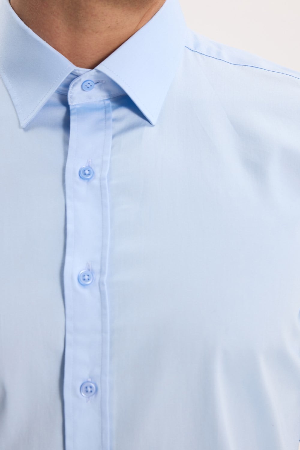 Erkek Modern Slim Fit Uzun Kollu %100 Pamuk Premium Seri Saten Mavi Gömlek