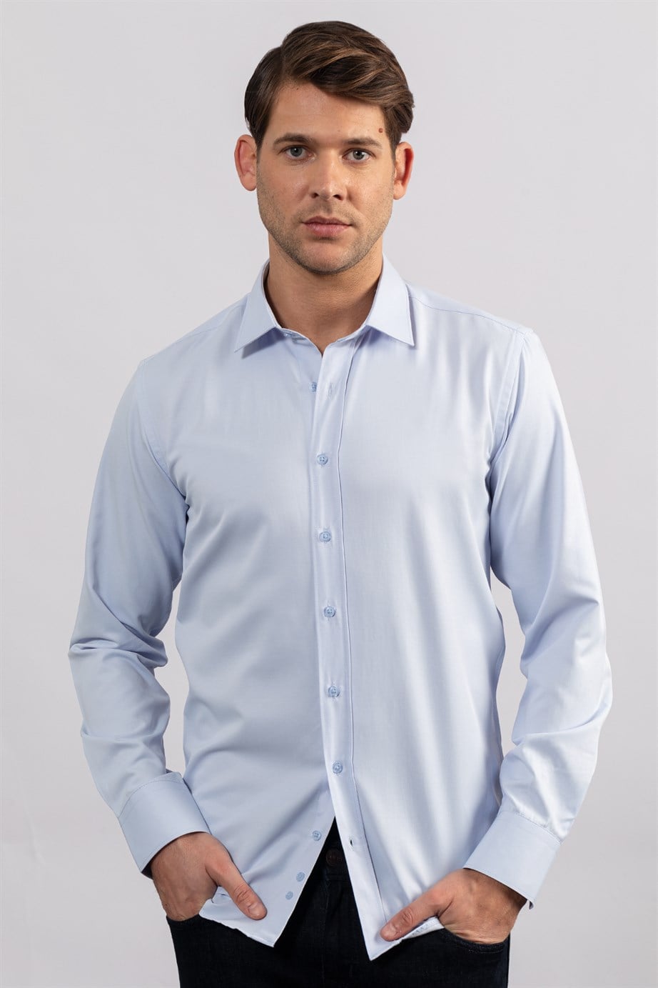 Modern Slim Fit Kendinden Desenli Düz Beyaz Gömlek