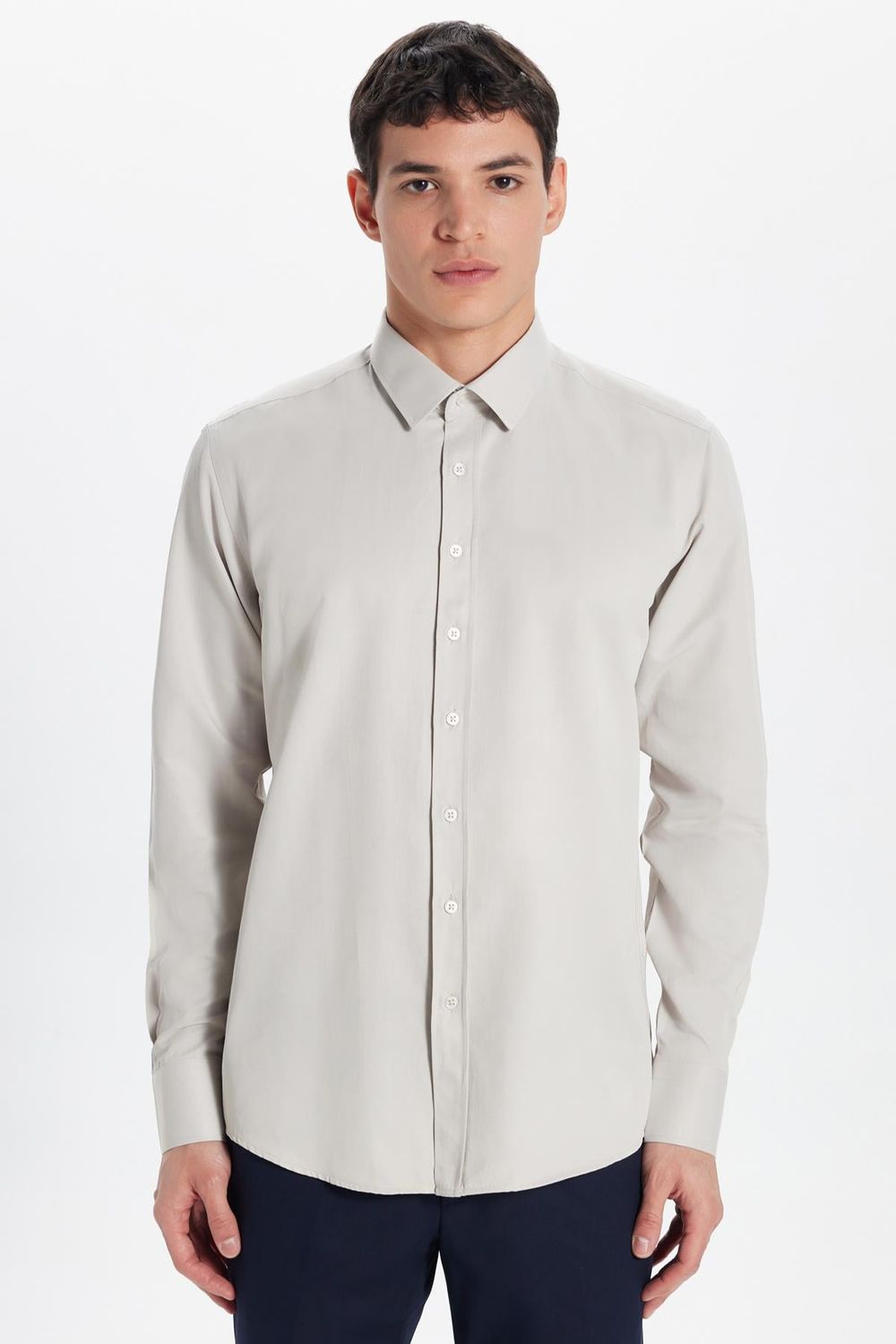 Erkek Modern Slim Fit Pamuklu Düz Bej Gömlek