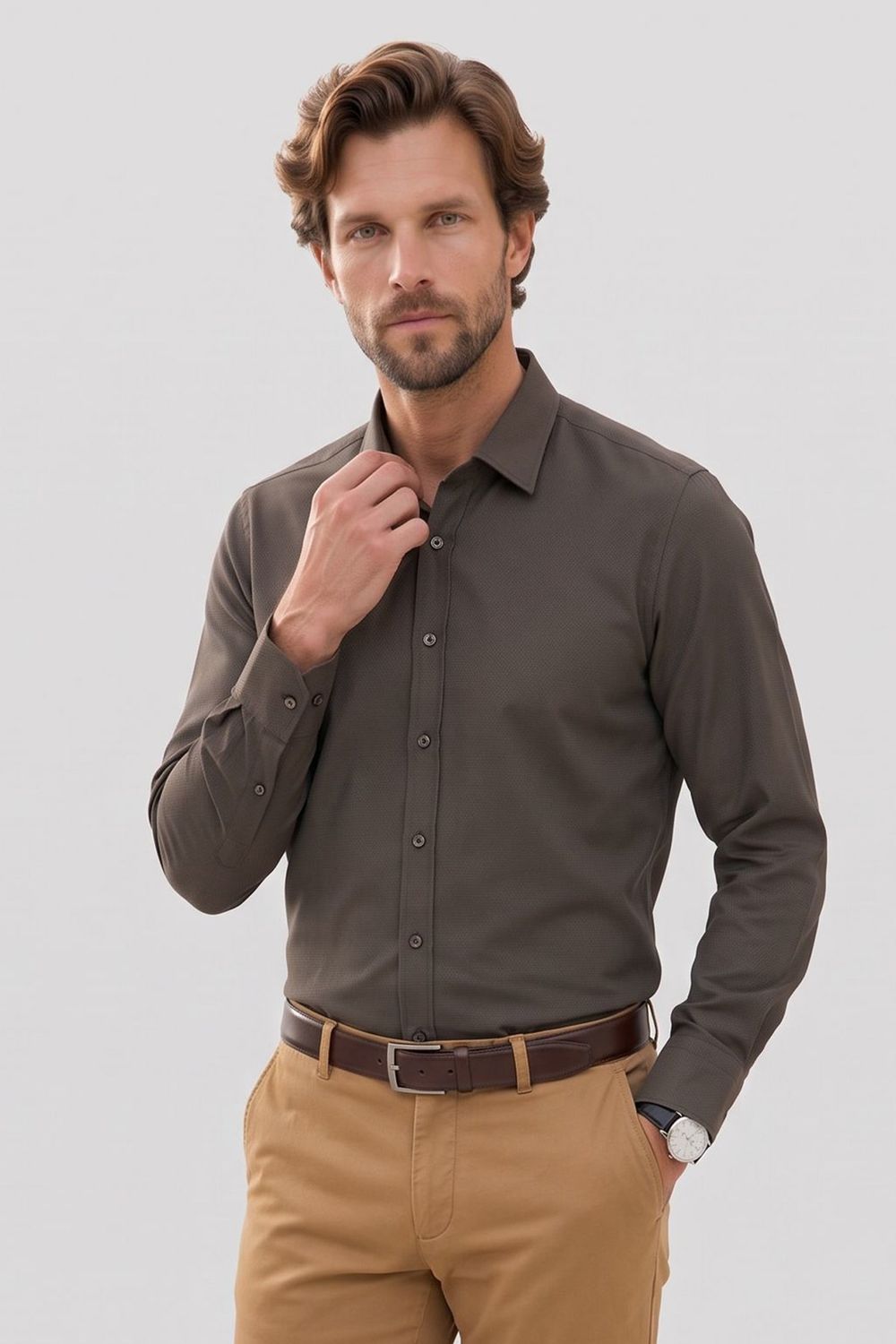 Modern Slim Fit Pamuklu Kolay Ütü Armürlü Erkek Gömlek