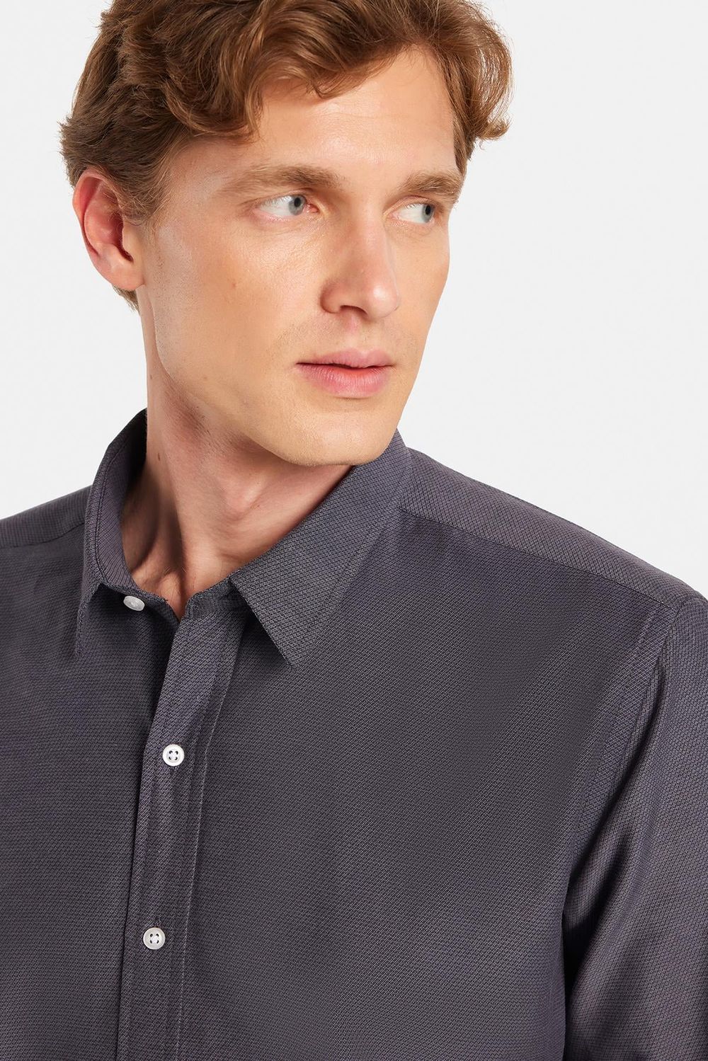 Modern Slim Fit Uzun Kollu Pamuklu Kolay Ütü Armürlü Erkek Füme Gömlek