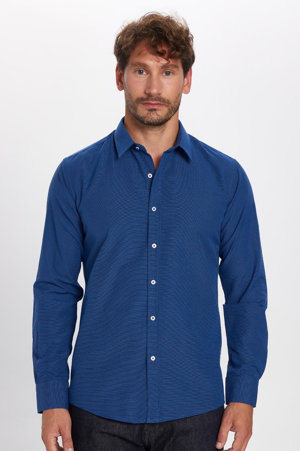 Modern Slim Fit Uzun Kollu Pamuklu Kolay Ütü Armürlü Erkek Sax Mavi Gömlek