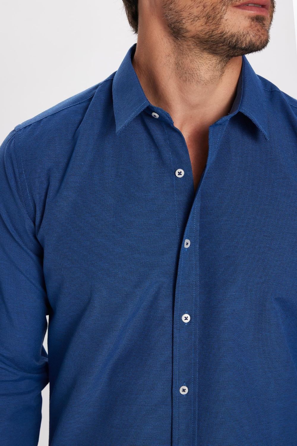 Modern Slim Fit Uzun Kollu Pamuklu Kolay Ütü Armürlü Erkek Sax Mavi Gömlek