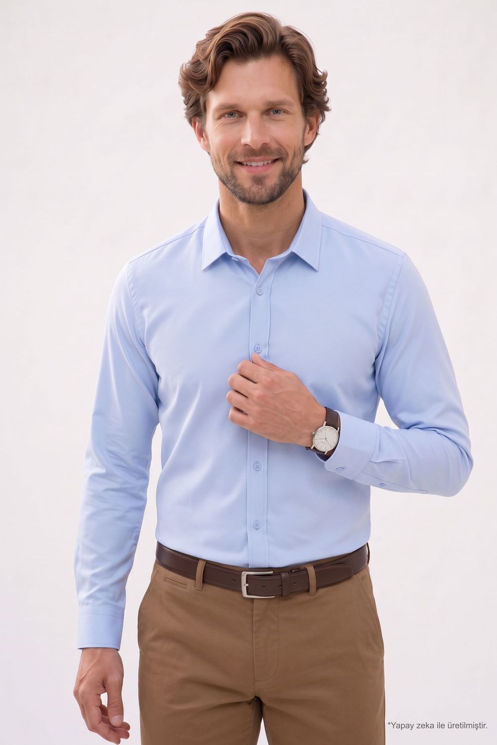 Erkek Modern Fit Dar Kesim Pamuklu Uzun Kollu Kravatlık Armürlü Mavi Gömlek