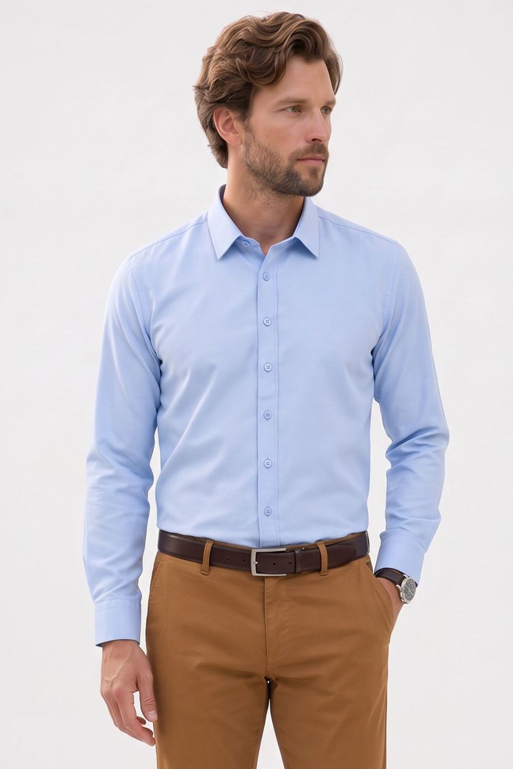 Erkek Modern Fit Dar Kesim Pamuklu Uzun Kollu Kravatlık Armürlü Mavi Gömlek