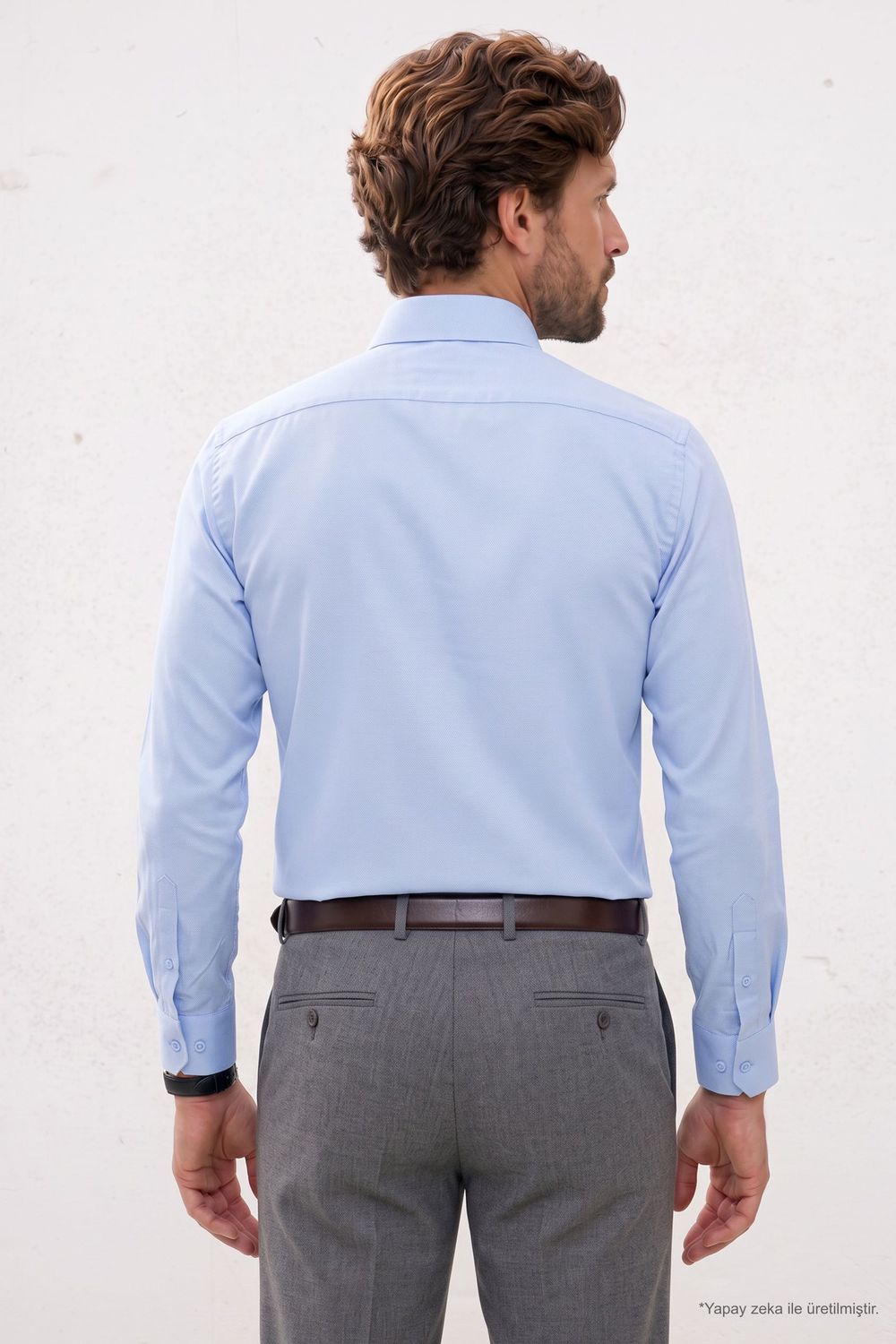 Erkek Modern Fit Dar Kesim Pamuklu Uzun Kollu Kravatlık Armürlü Mavi Gömlek