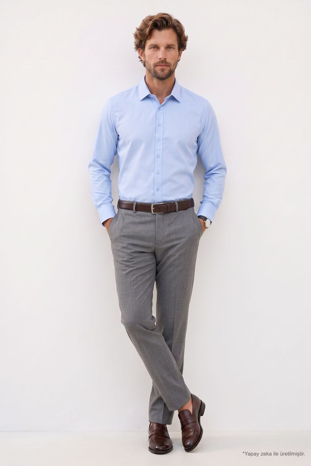 Erkek Modern Fit Dar Kesim Pamuklu Uzun Kollu Kravatlık Armürlü Mavi Gömlek