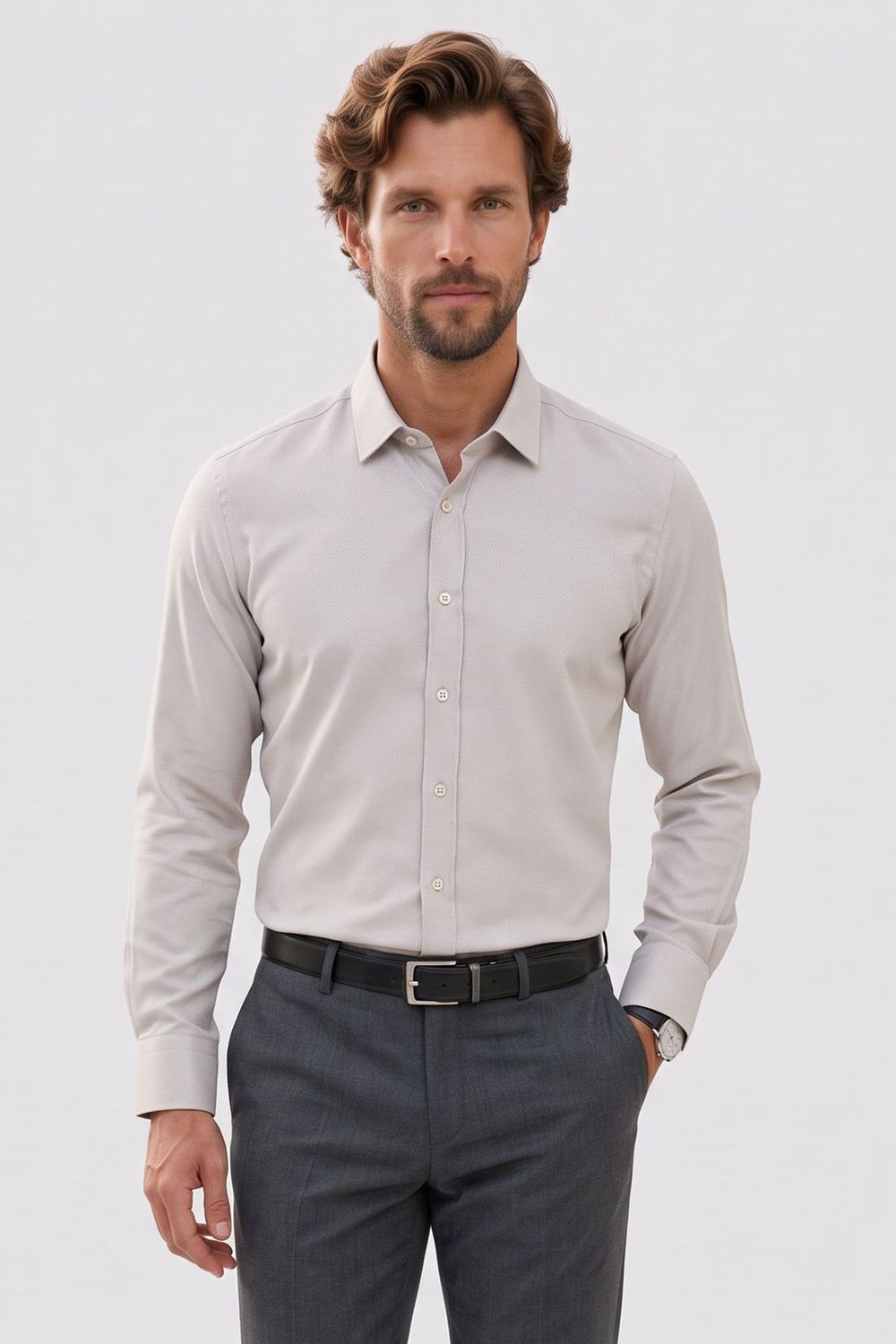 Modern Slim Fit Pamuklu Kolay Ütü Armürlü Erkek Gömlek