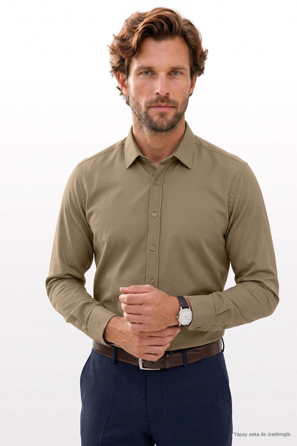 Erkek Modern Fit Dar Kesim Pamuklu Uzun Kollu Kravatlık Armürlü Bej Gömlek