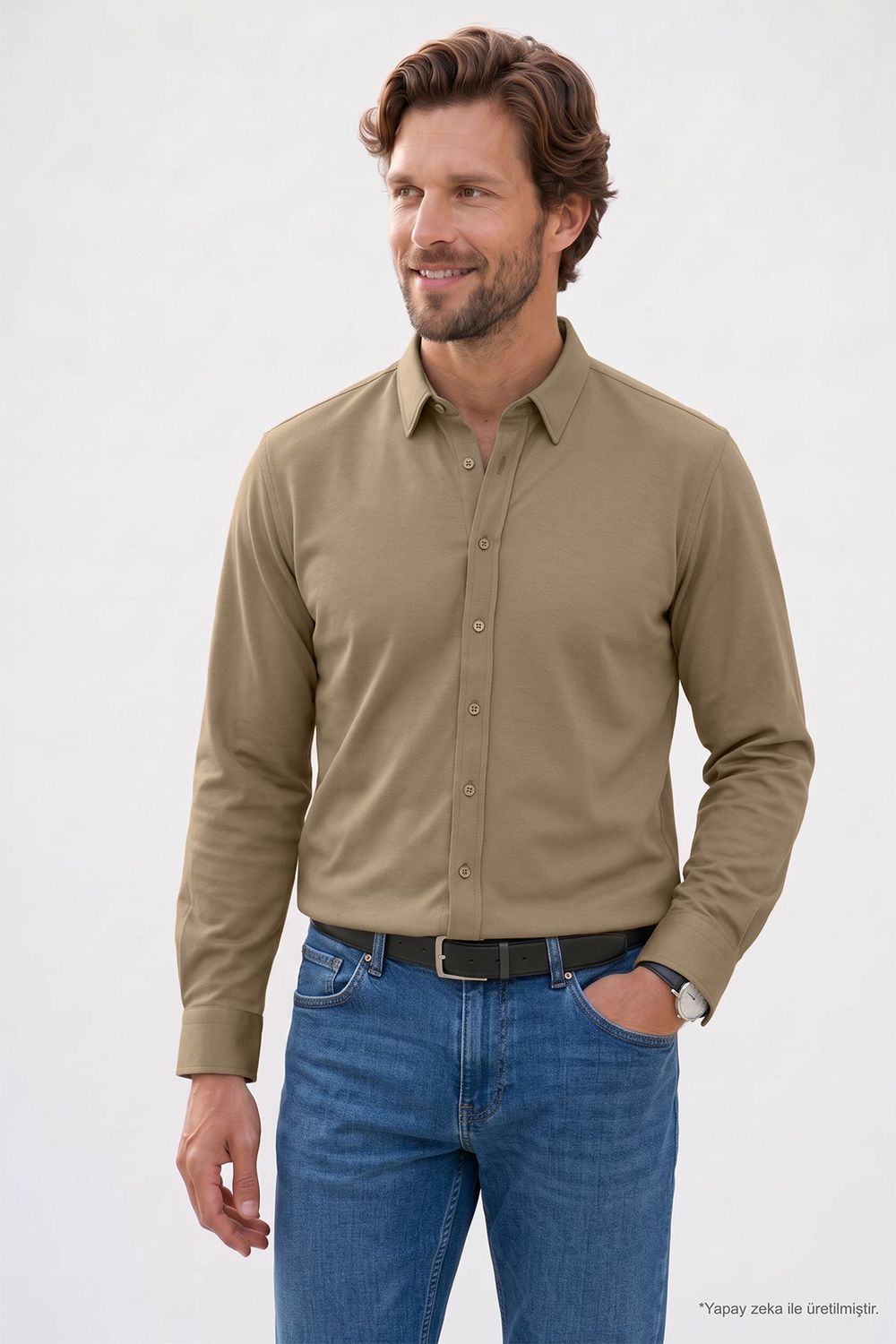 Erkek Modern Fit Dar Kesim Pamuklu Uzun Kollu Kravatlık Armürlü Bej Gömlek
