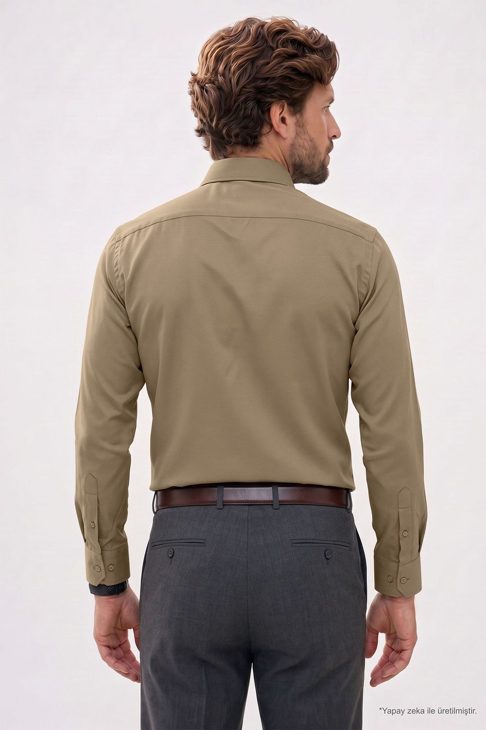 Erkek Modern Fit Dar Kesim Pamuklu Uzun Kollu Kravatlık Armürlü Bej Gömlek