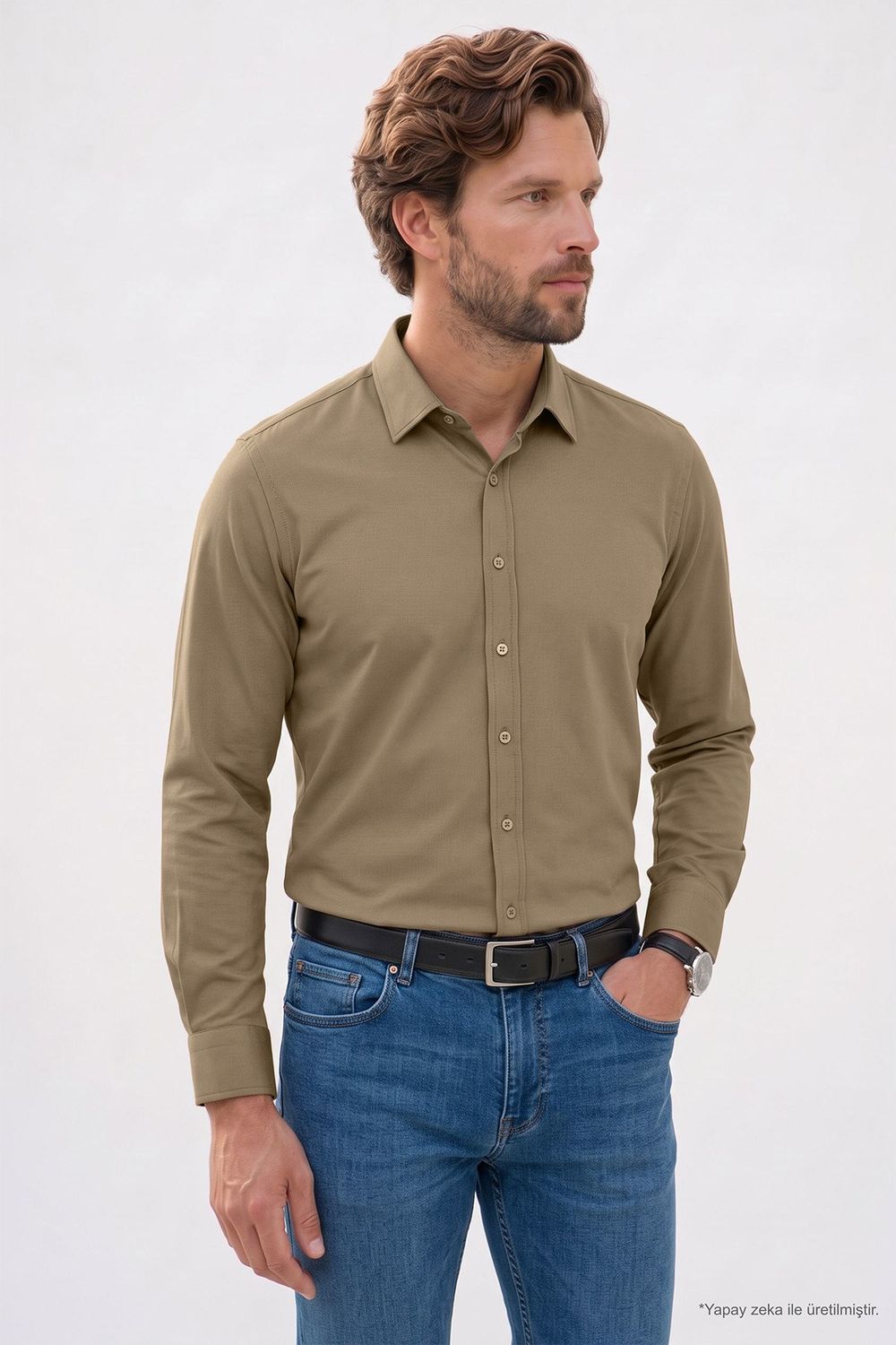 Erkek Modern Fit Dar Kesim Pamuklu Uzun Kollu Kravatlık Armürlü Bej Gömlek