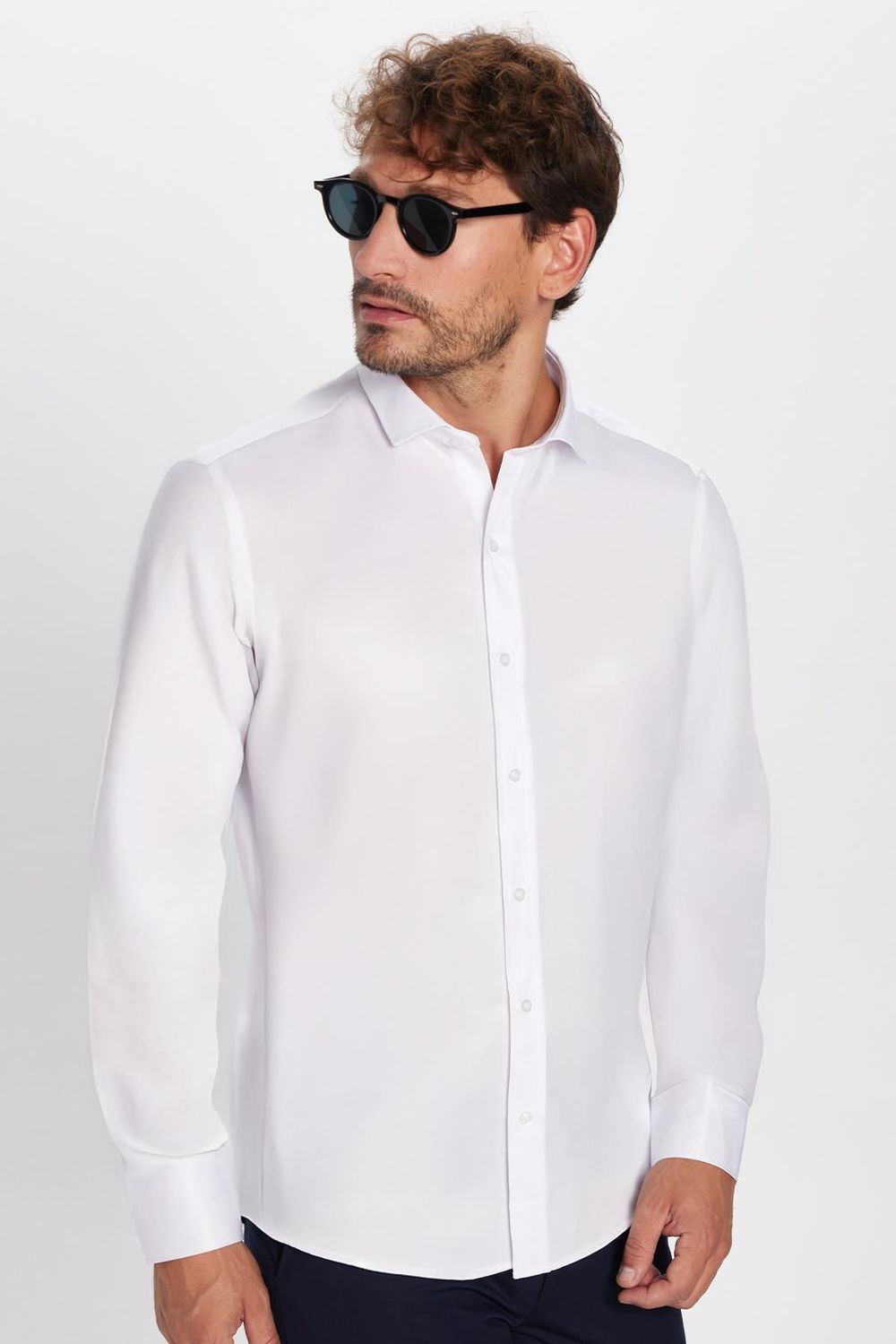 Modern Slim Fit Uzun Kollu Düz Saten Pamuklu Erkek Beyaz Gömlek