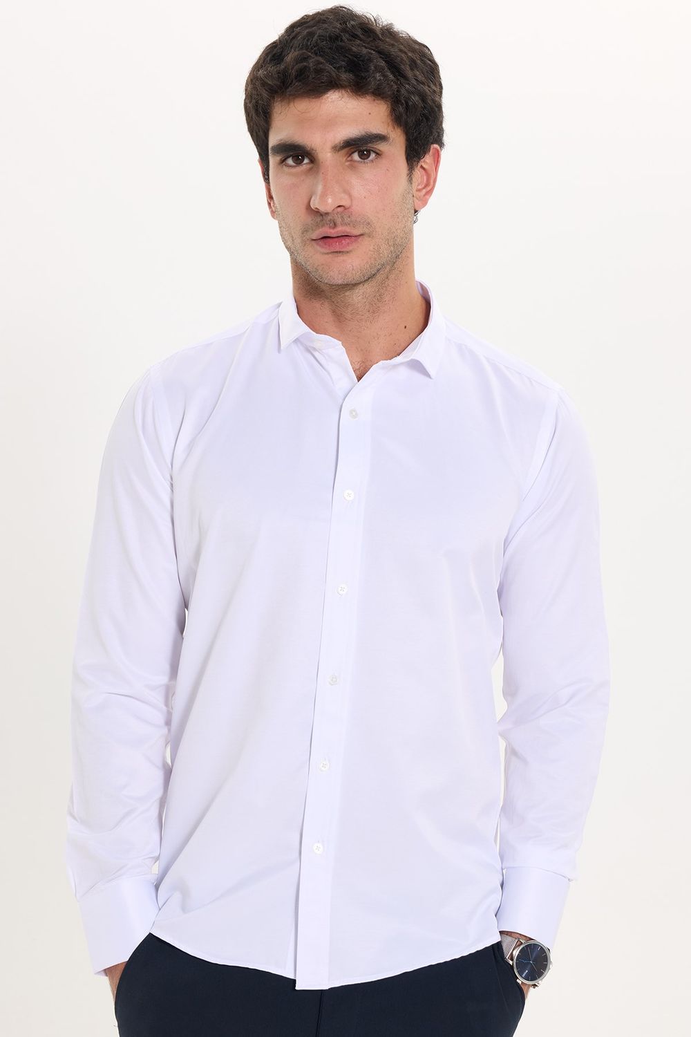 Modern Slim Fit Uzun Kollu Düz Saten Pamuklu Erkek Beyaz Gömlek