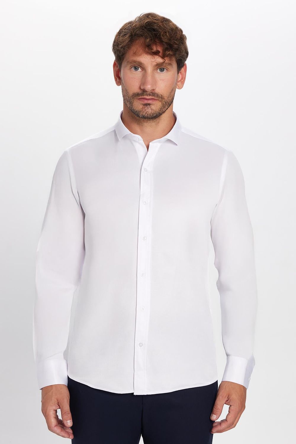 Modern Slim Fit Uzun Kollu Düz Saten Pamuklu Erkek Beyaz Gömlek