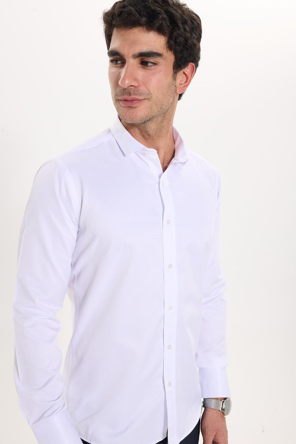 Modern Slim Fit Uzun Kollu Düz Saten Pamuklu Erkek Beyaz Gömlek