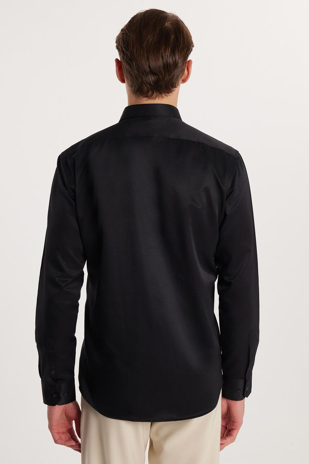 Modern Slim Fit Uzun Kollu Düz Saten Pamuklu Erkek Siyah Gömlek