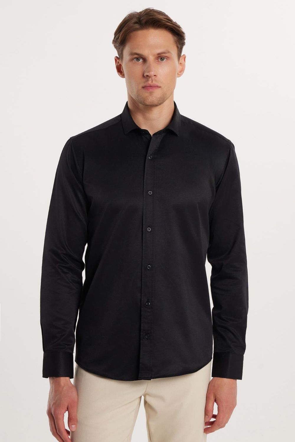 Modern Slim Fit Uzun Kollu Düz Saten Pamuklu Erkek Siyah Gömlek