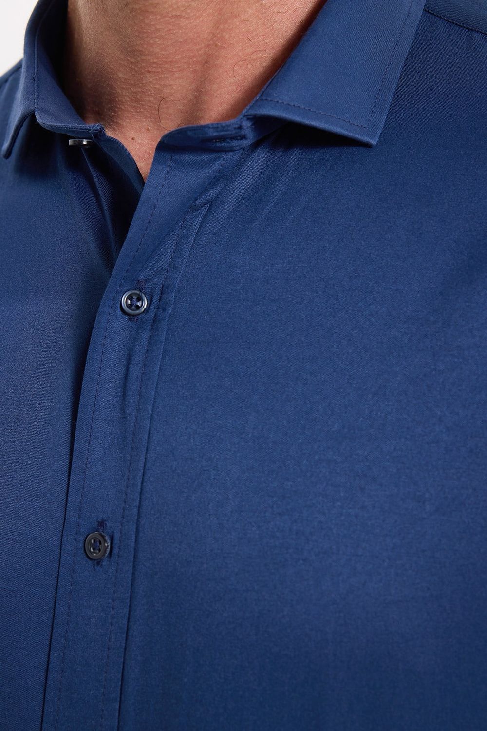 Modern Slim Fit Uzun Kollu Düz Saten Pamuklu Lacivert Erkek Gömlek