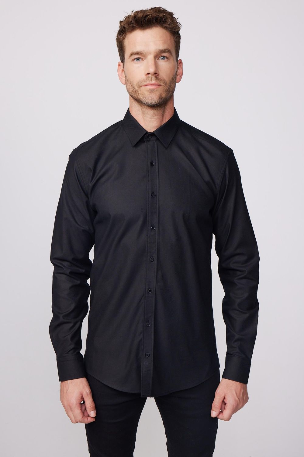 Modern Fit %100 Pamuk Armürlü Premium Erkek Siyah Gömlek