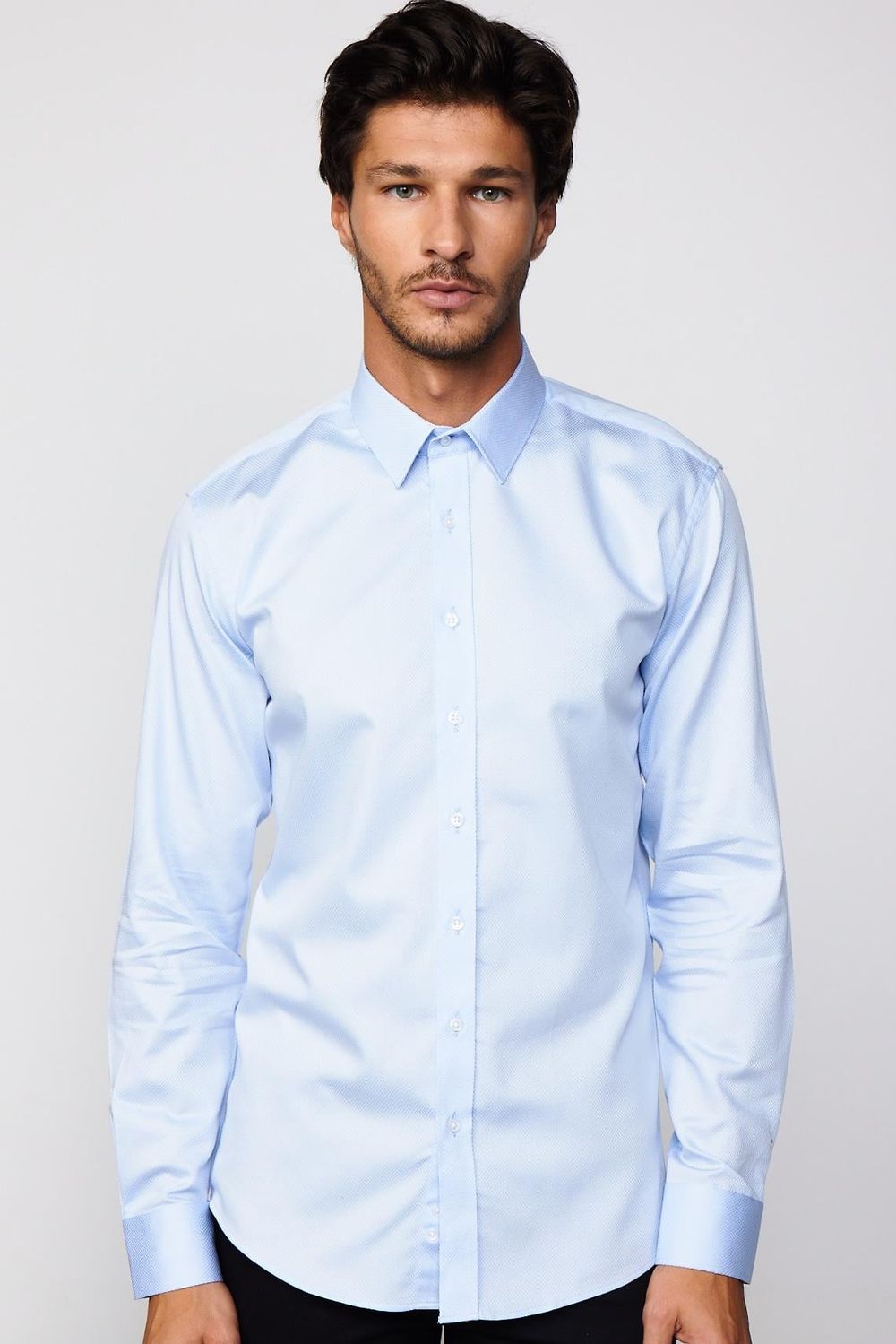 Modern Fit %100 Pamuk Armürlü Premium Mavi  Erkek Gömlek