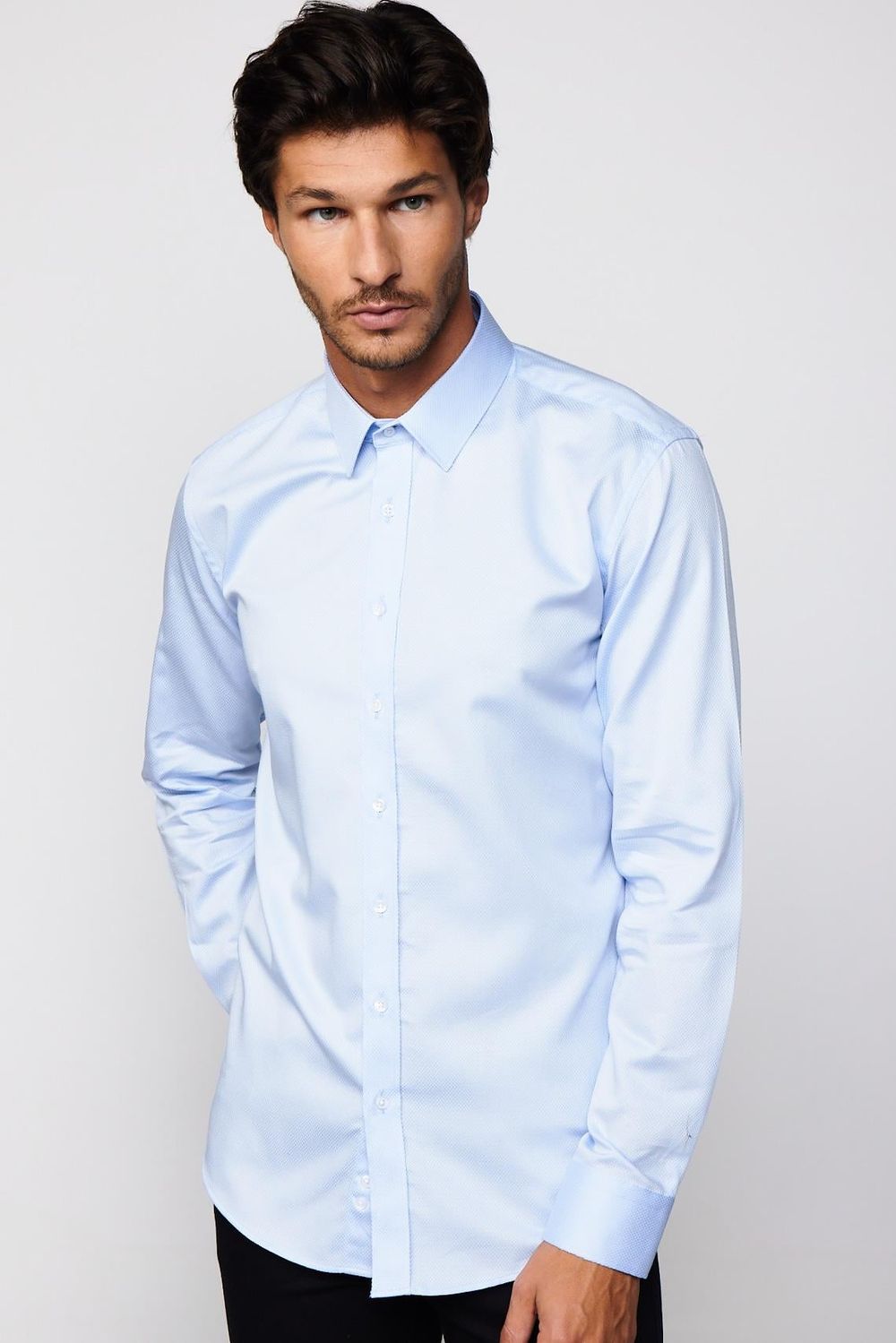 Modern Fit %100 Pamuk Armürlü Premium Mavi  Erkek Gömlek