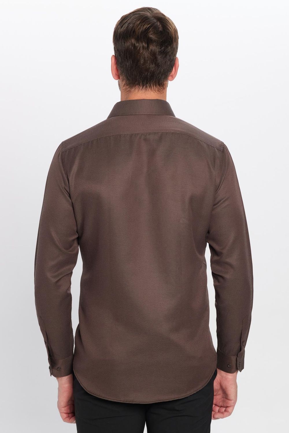 Modern Slim Fit Uzun Kollu Pamuklu Kolay Ütü Armürlü Erkek Kahve Gömlek