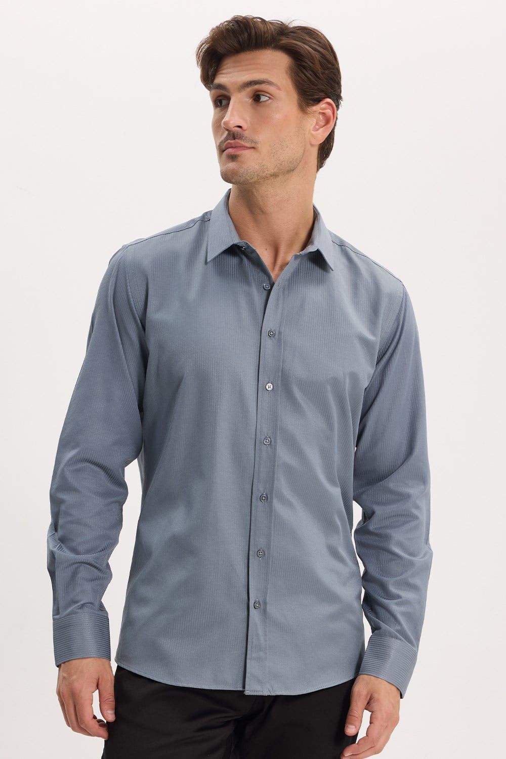 Modern Slim Fit Uzun Kollu Pamuklu Kolay Ütü Armürlü Gri Erkek Gömlek