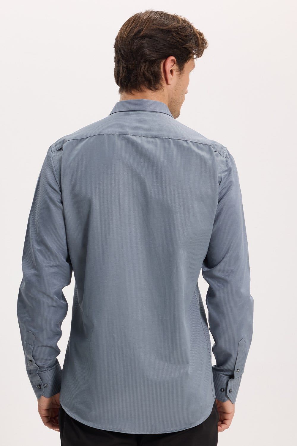 Modern Slim Fit Uzun Kollu Pamuklu Kolay Ütü Armürlü Gri Erkek Gömlek