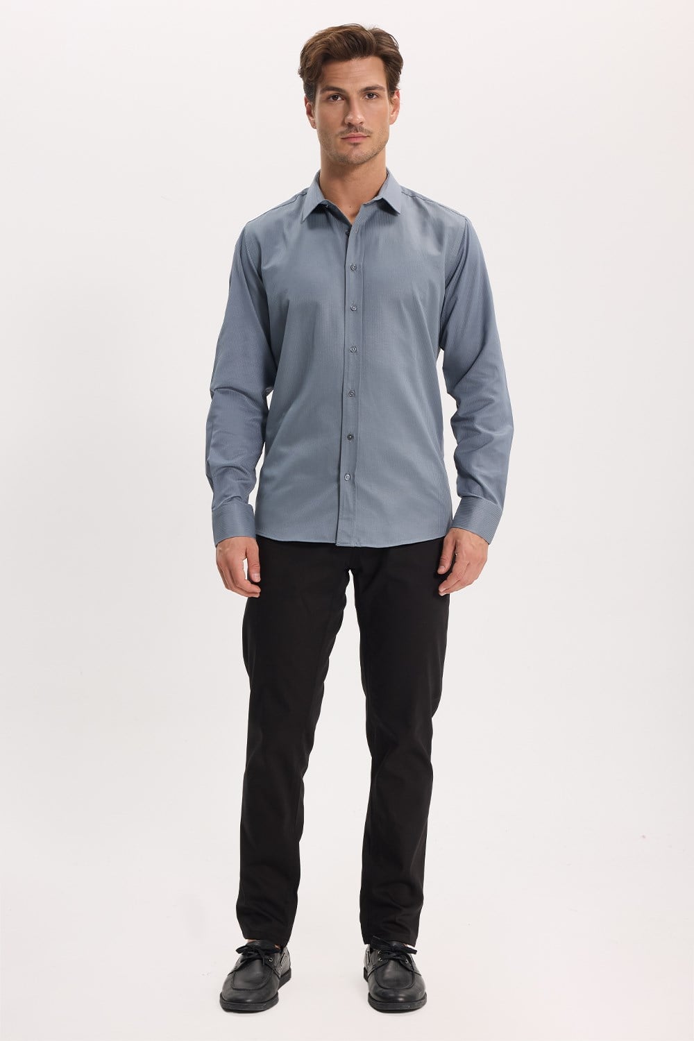 Modern Slim Fit Uzun Kollu Pamuklu Kolay Ütü Armürlü Gri Erkek Gömlek