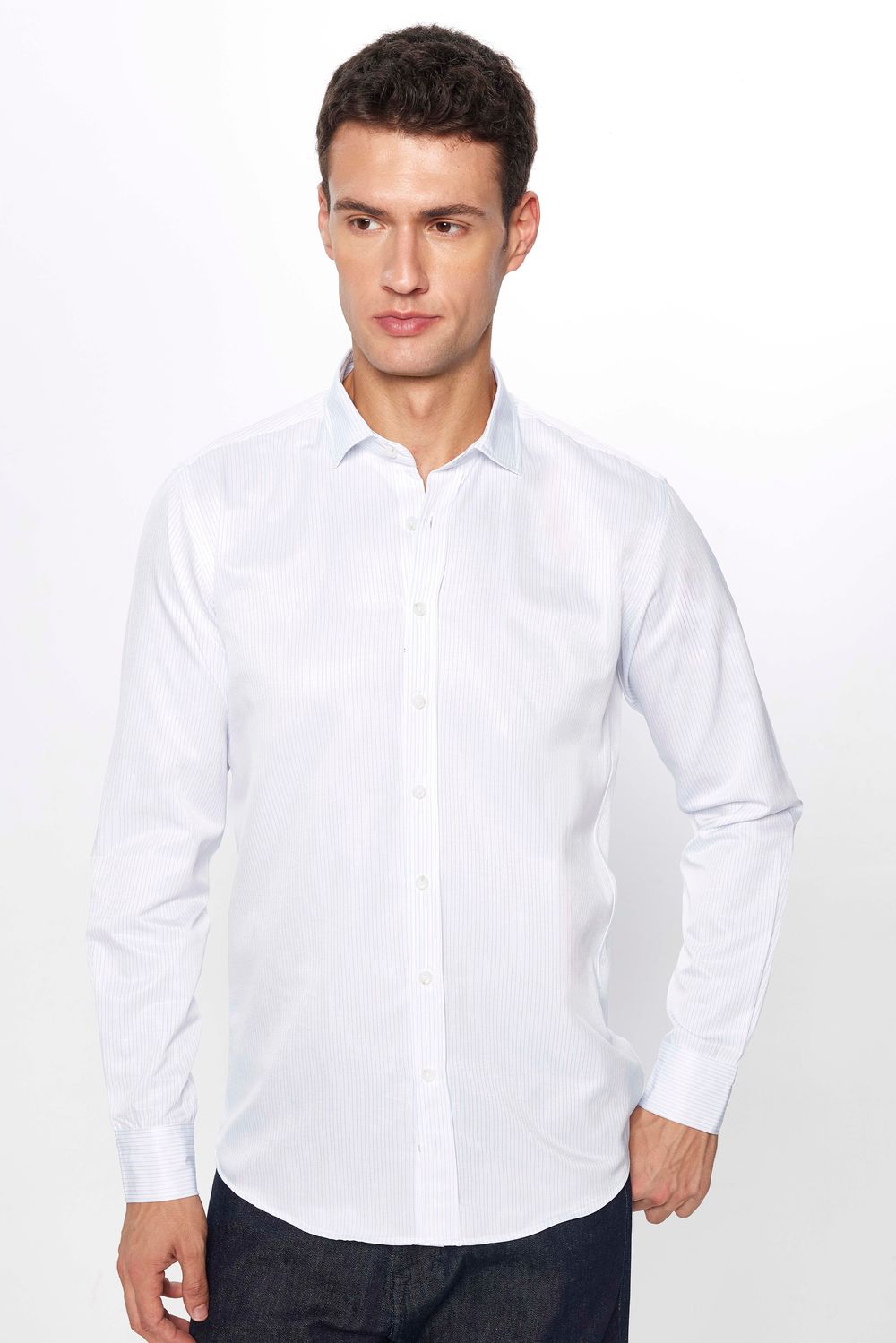 Erkek Modern Slim Fit Dar Kesim Uzun Kollu Pamuklu Çizgili 4 Mevsim İtalyan Yaka Gömlek