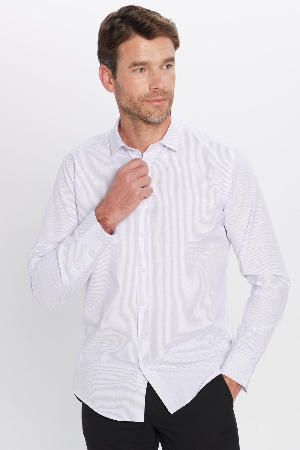 Erkek Modern Slim Fit Dar Kesim Uzun Kollu Pamuklu Çizgili 4 Mevsim İtalyan Yaka Gömlek