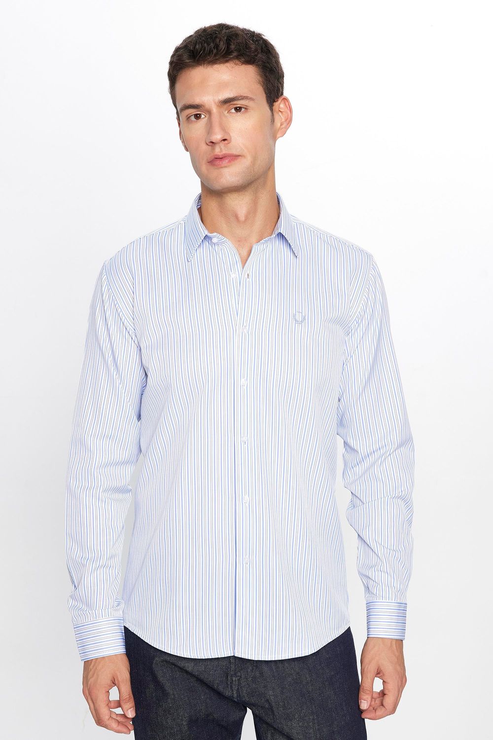 Erkek Modern Slim Fit Dar Kesim Uzun Kollu Pamuklu 4 Mevsim Çizgili Düğmeli Yaka Gömlek