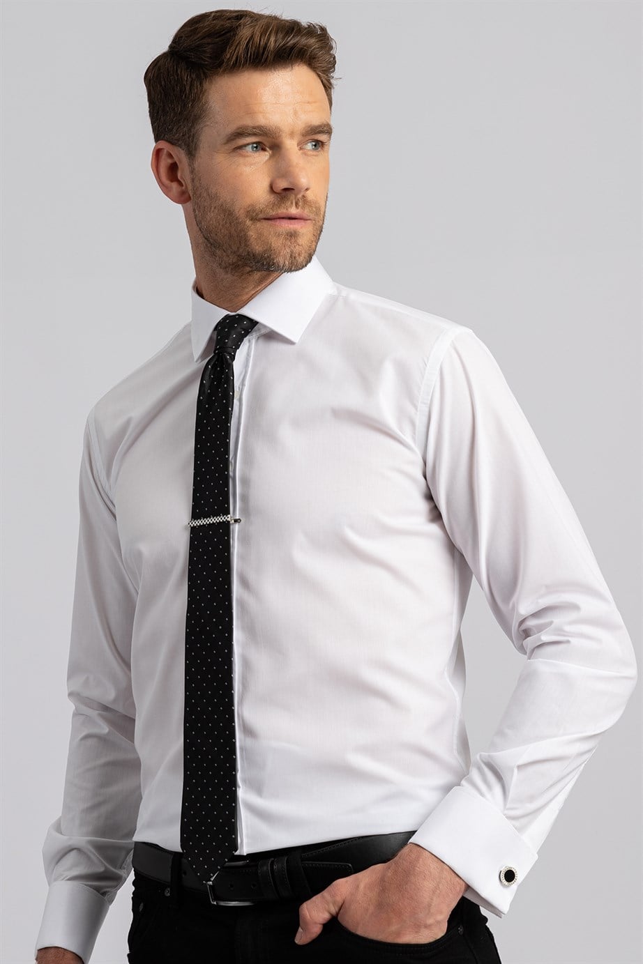 Modern Slim Fit Çift Manşet Erkek Gömlek