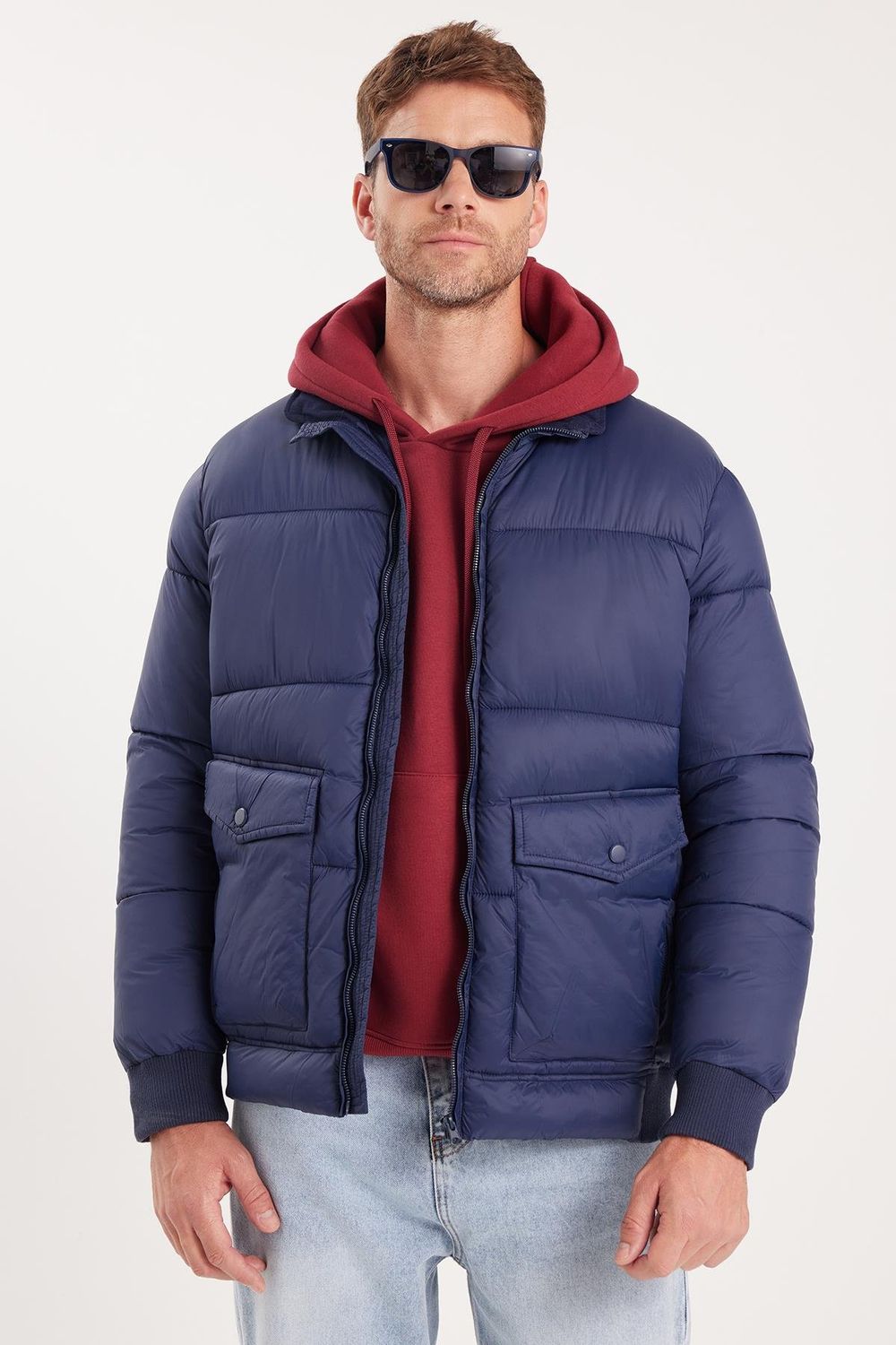 Erkek Regular Fit Klasik Kesim Çift Cepli Lastikli Dik Yaka Lacivert Mont