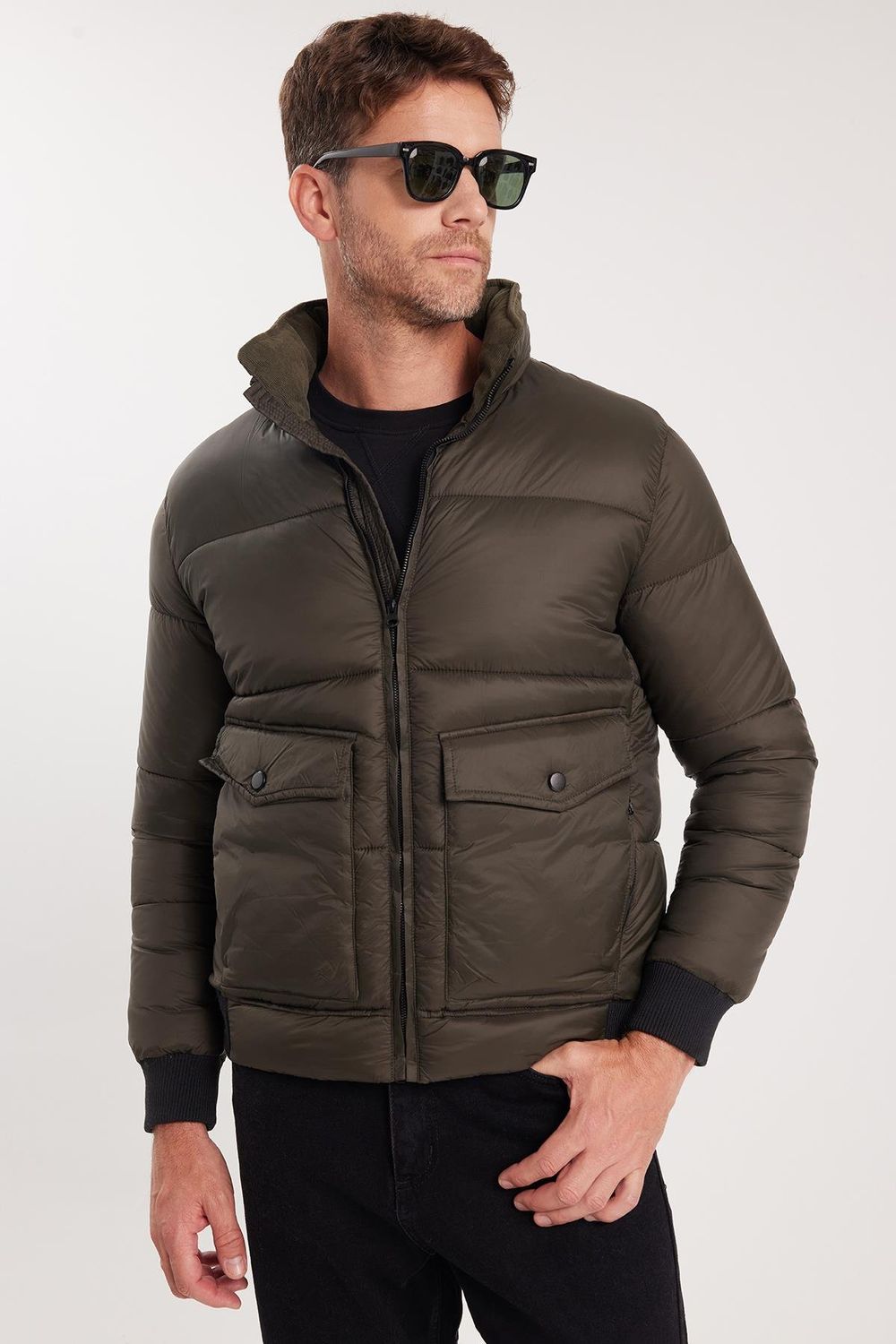 Erkek Regular Fit Klasik Kesim Çift Cepli Lastikli Dik Yaka Haki Mont