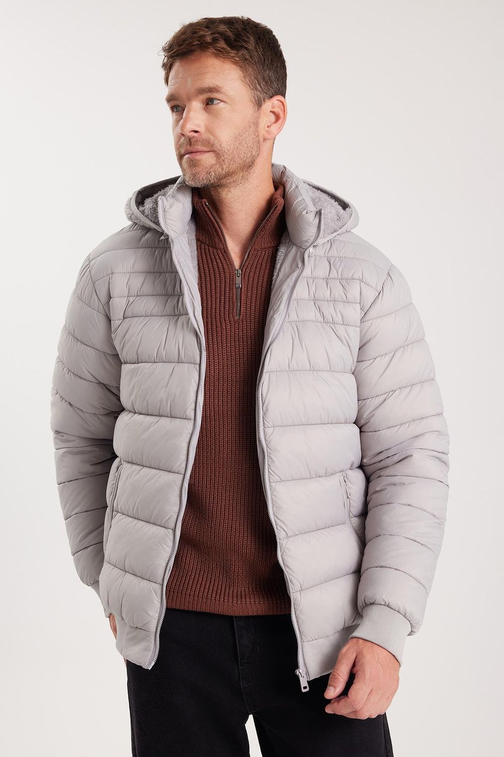 Erkek Relax Fit Rahat Kesim Çift Cepli Kapüşonlu İçi Kürklü Gri Mont