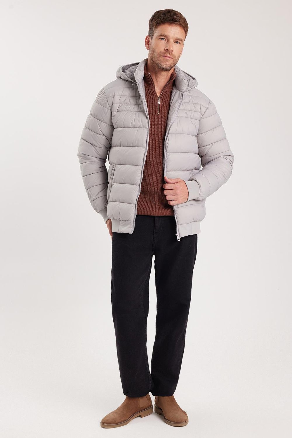Erkek Relax Fit Rahat Kesim Çift Cepli Kapüşonlu İçi Kürklü Gri Mont