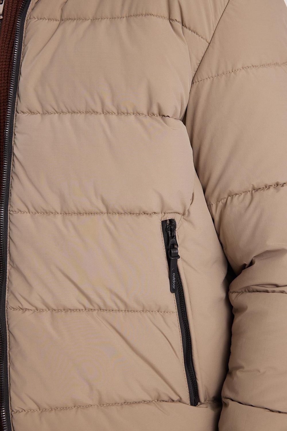 Erkek Relax Fit Rahat Kesim Çift Cepli Çıkarılabilir Kapüşonlu Kum Rengi Şişme Mont