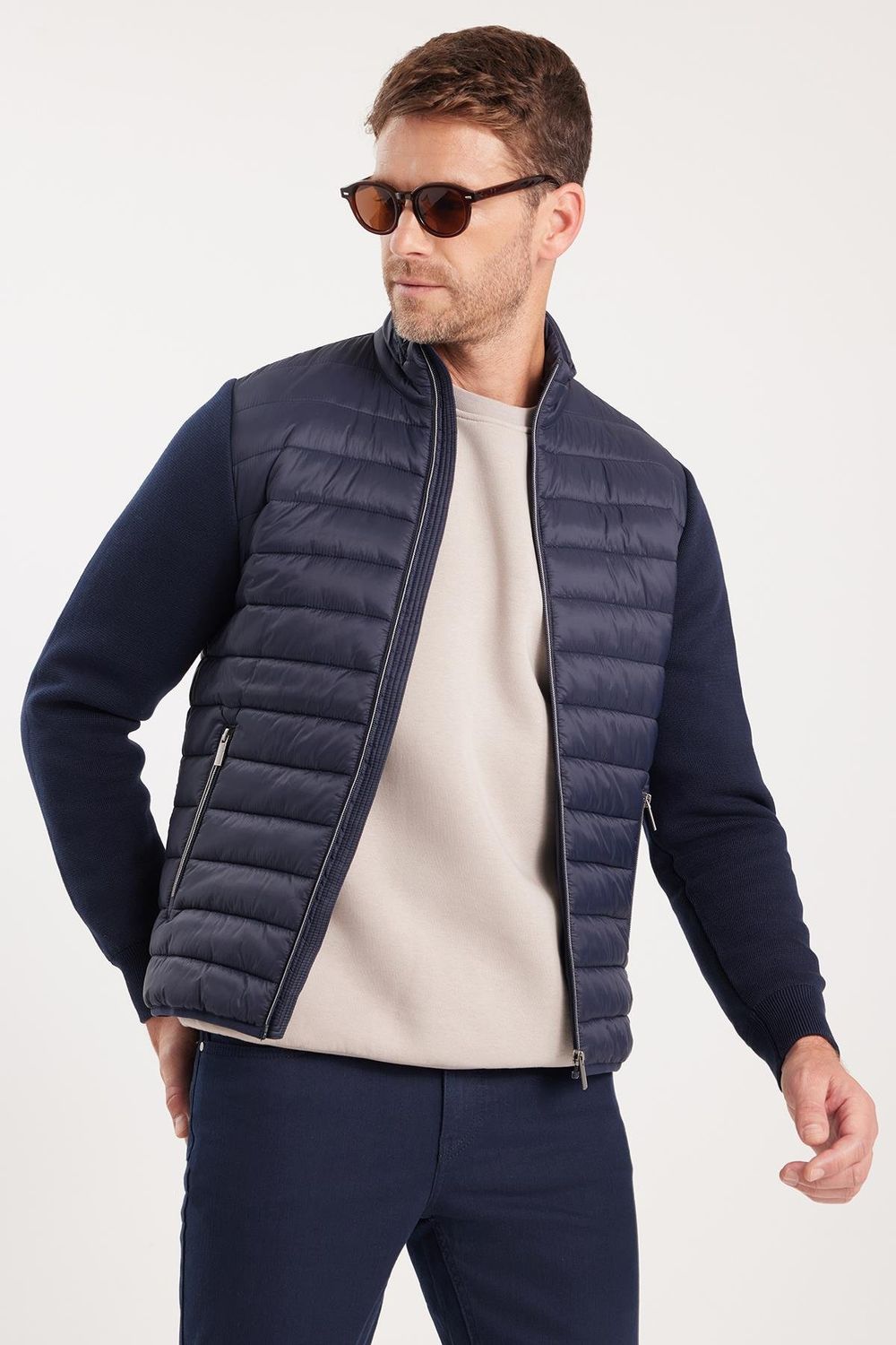 Erkek Relax Fit Rahat Kesim Kapitone Kollar Triko Çift Cepli Lacivert Mont