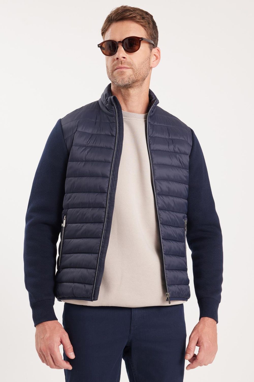 Erkek Relax Fit Rahat Kesim Kapitone Kollar Triko Çift Cepli Lacivert Mont