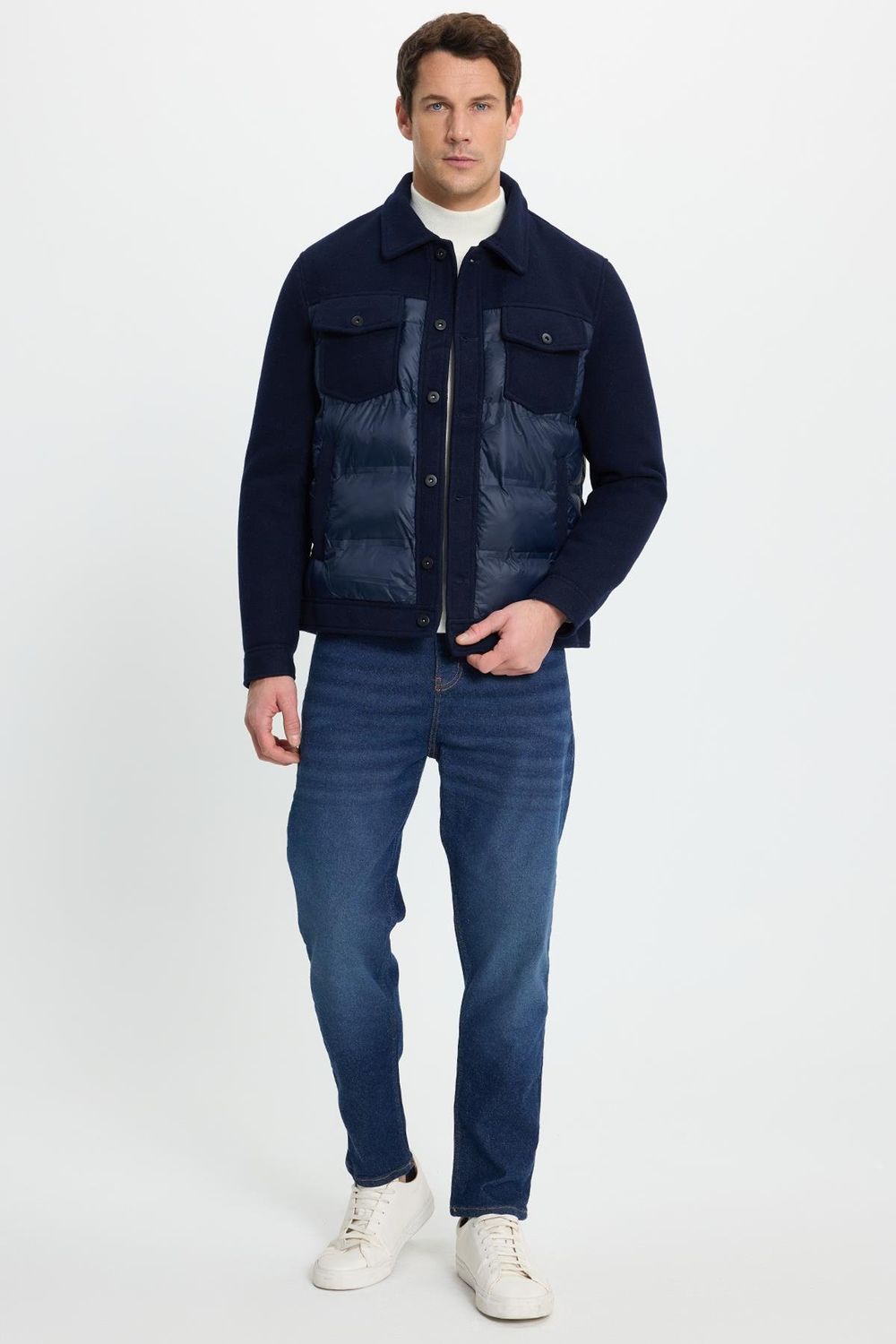 Erkek Regular Fit Klasik Kesim Çift Cepli Klasik Yaka Lacivert Kaşe Mont