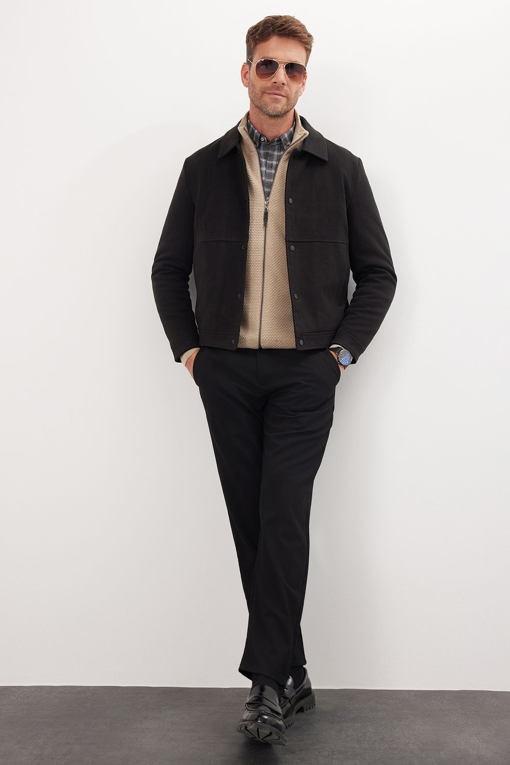 Erkek Slim Fit Dar Kesim Çift Cepli Çıtçıt Kapamalı Siyah Mont